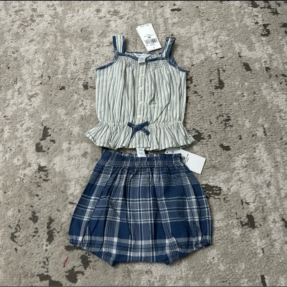 Ralph Lauren Baby Girls Matching Set Striped Cotton Top & Plaid Bloomers